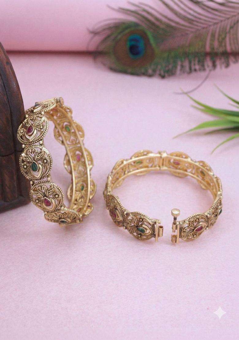 Set of 2 Gold-Plated Temple Stone Studded & Beaded Bangles for Women | Traditional Temple Jewellery for Wedding & Festive Wear | Gift for Her - Indya