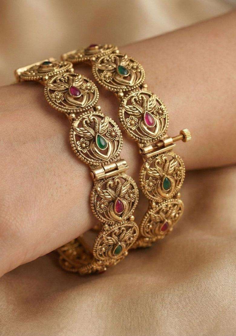 Set of 2 Gold-Plated Temple Stone Studded & Beaded Bangles for Women | Traditional Temple Jewellery for Wedding & Festive Wear | Gift for Her - Indya