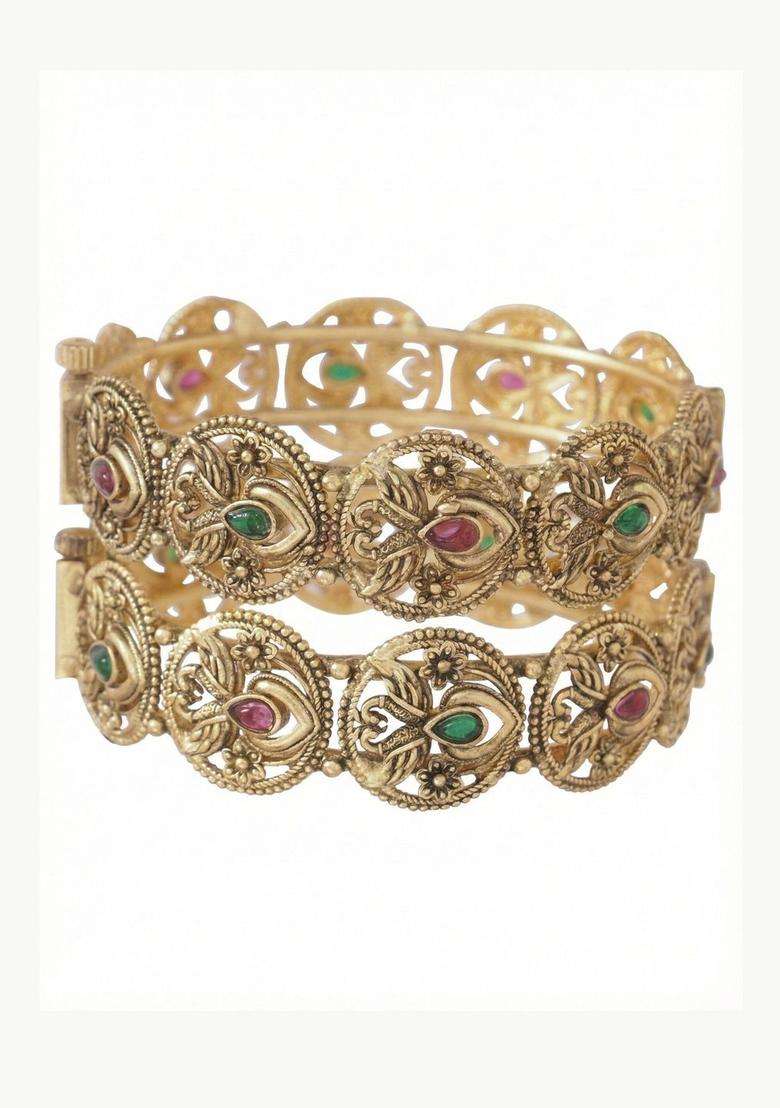 Set of 2 Gold-Plated Temple Stone Studded & Beaded Bangles for Women | Traditional Temple Jewellery for Wedding & Festive Wear | Gift for Her - Indya