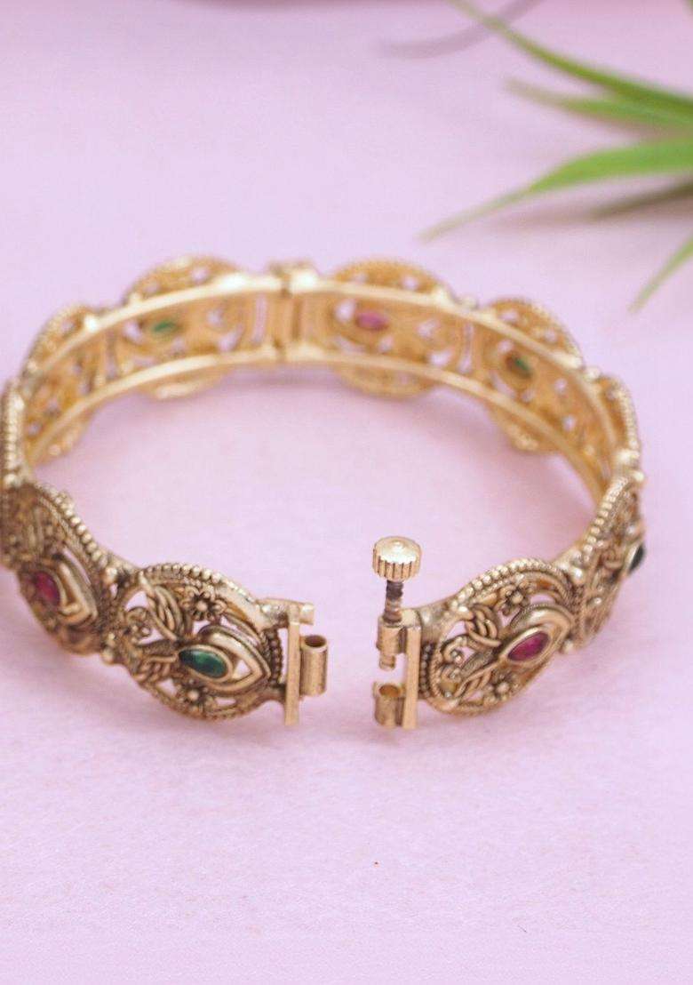Set of 2 Gold-Plated Temple Stone Studded & Beaded Bangles for Women | Traditional Temple Jewellery for Wedding & Festive Wear | Gift for Her - Indya
