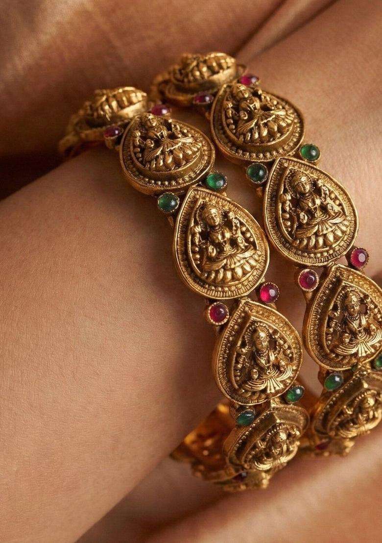 Set of 2 Gold-Plated Artificial Stones Studded Temple Bangles for Women | Traditional Temple Jewellery for Wedding & Festive Wear | Gift for Her - Indya
