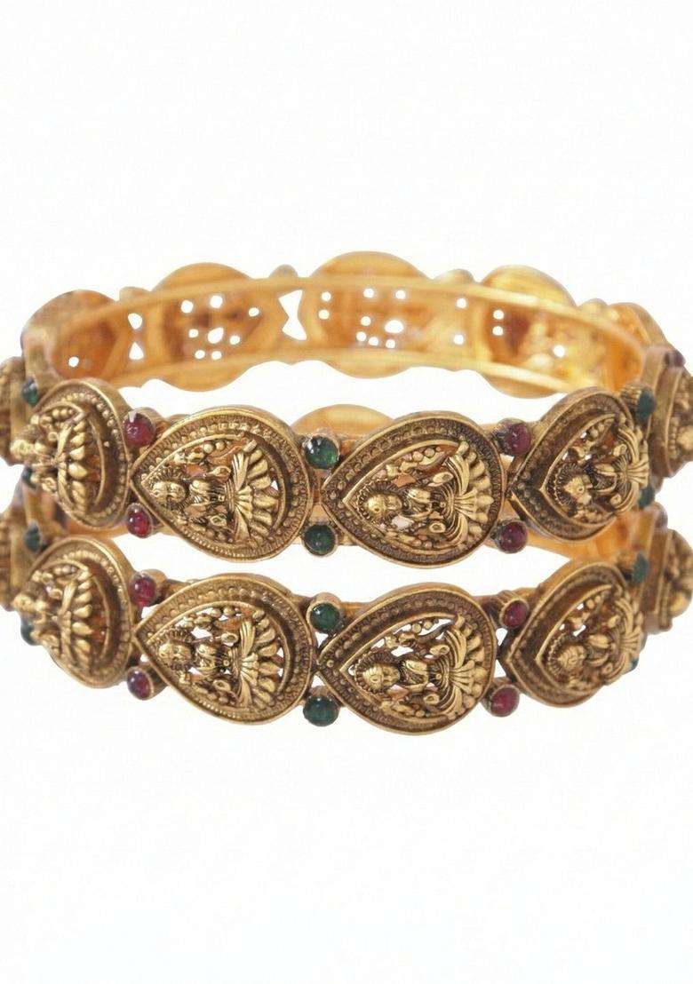 Set of 2 Gold-Plated Artificial Stones Studded Temple Bangles for Women | Traditional Temple Jewellery for Wedding & Festive Wear | Gift for Her - Indya