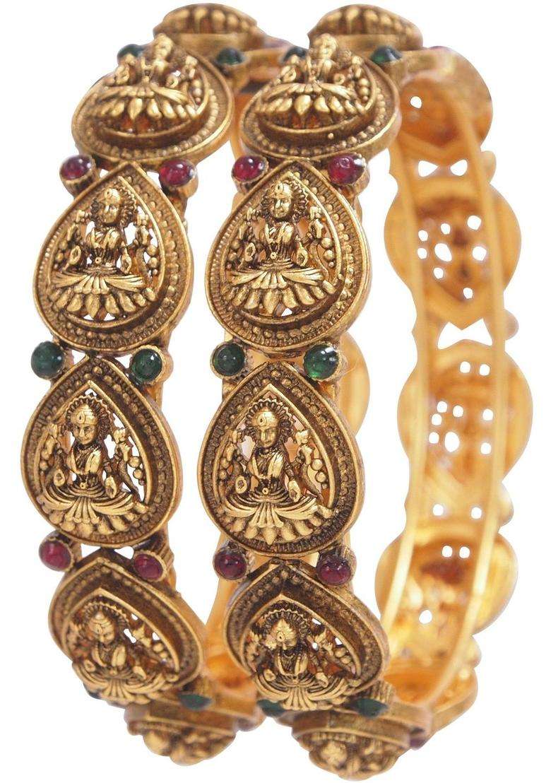 Set of 2 Gold-Plated Artificial Stones Studded Temple Bangles for Women | Traditional Temple Jewellery for Wedding & Festive Wear | Gift for Her - Indya