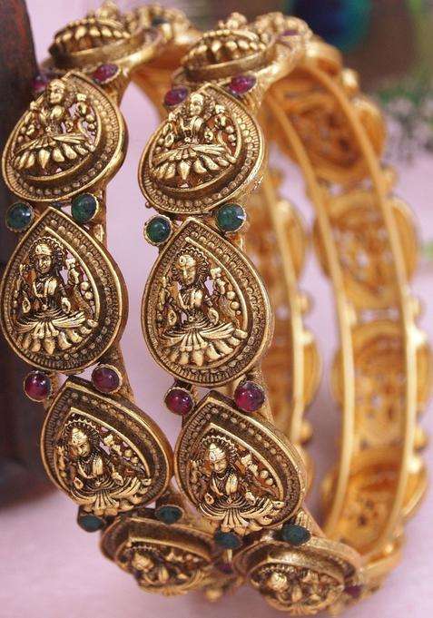 Set of 2 Gold-Plated Artificial Stones Studded Temple Bangles for Women | Traditional Temple Jewellery for Wedding & Festive Wear | Gift for Her