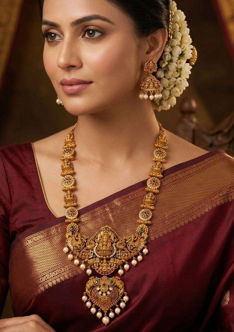Brass Gold-Plated Temple Necklace for Women | Traditional Temple Jewellery for Wedding & Festive Wear | Gift for Her - Indya