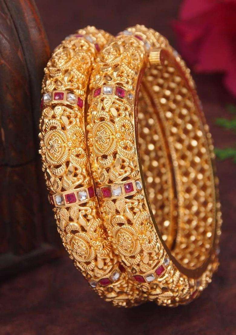 Set of 2 Gold-Plated Temple American Diamond Bangles for Women | Traditional Temple Jewellery for Wedding & Festive Wear | Gift for Her - Indya