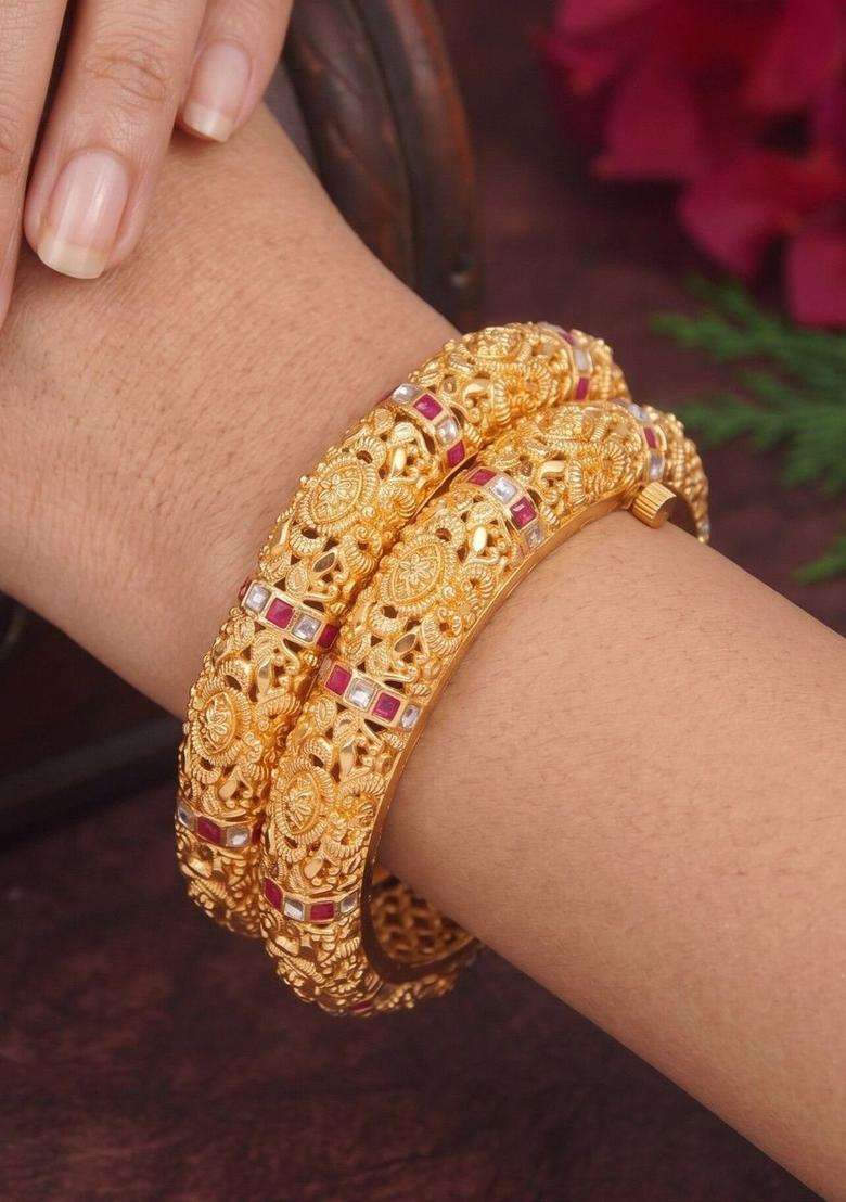 Set of 2 Gold-Plated Temple American Diamond Bangles for Women | Traditional Temple Jewellery for Wedding & Festive Wear | Gift for Her - Indya