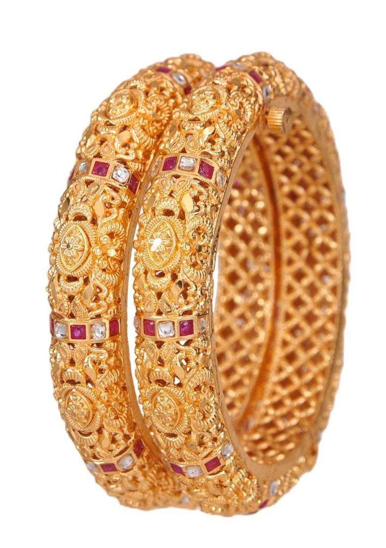 Set of 2 Gold-Plated Temple American Diamond Bangles for Women | Traditional Temple Jewellery for Wedding & Festive Wear | Gift for Her - Indya