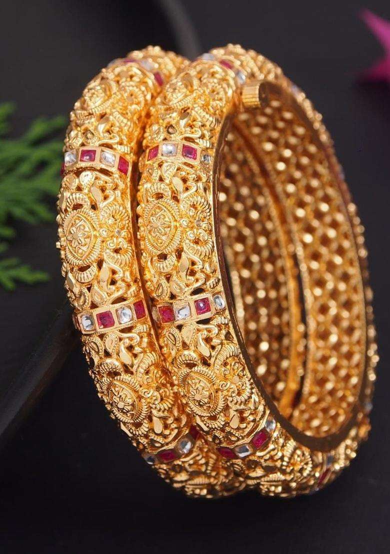 Set of 2 Gold-Plated Temple American Diamond Bangles for Women | Traditional Temple Jewellery for Wedding & Festive Wear | Gift for Her - Indya