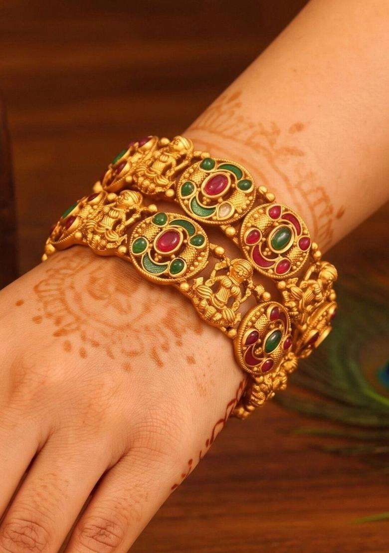 Gold-Plated Temple Stone Studded & Beaded Bangle for Women | Traditional Temple Jewellery for Wedding & Festive Wear | Gift for Her - Indya