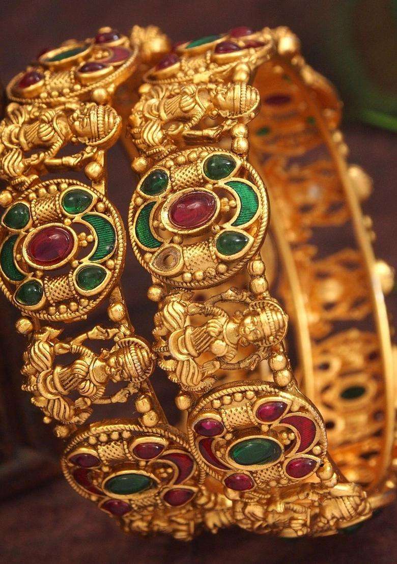 Gold-Plated Temple Stone Studded & Beaded Bangle for Women | Traditional Temple Jewellery for Wedding & Festive Wear | Gift for Her - Indya
