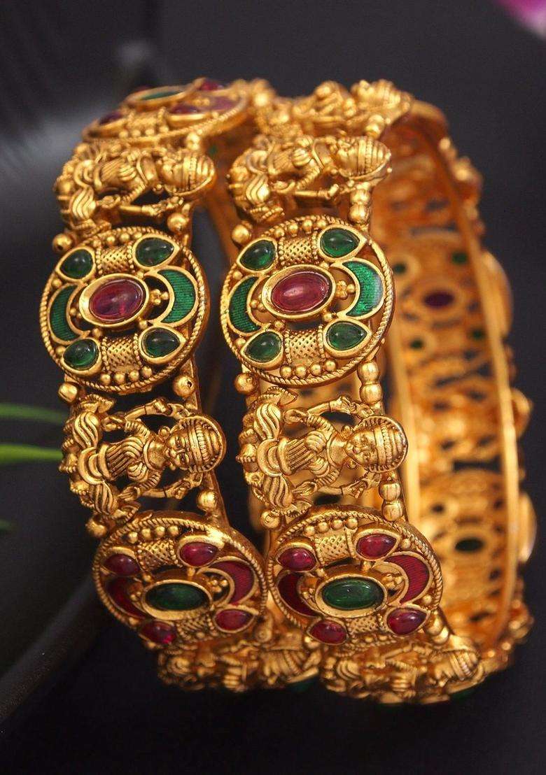 Gold-Plated Temple Stone Studded & Beaded Bangle for Women | Traditional Temple Jewellery for Wedding & Festive Wear | Gift for Her - Indya