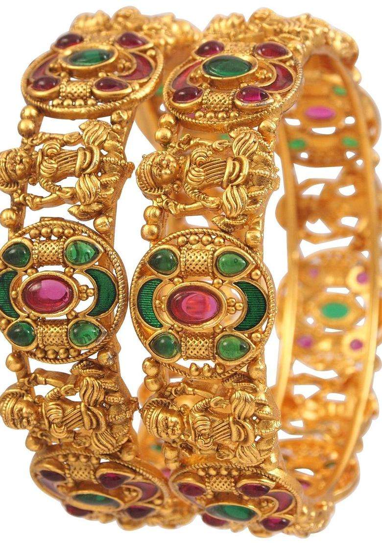 Gold-Plated Temple Stone Studded & Beaded Bangle for Women | Traditional Temple Jewellery for Wedding & Festive Wear | Gift for Her - Indya