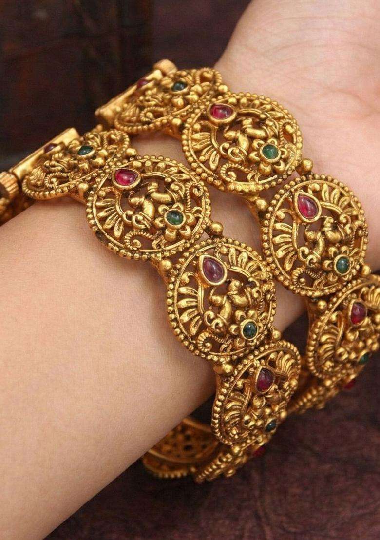 Set of 2 Gold-Plated Temple Stone Studded & Beaded Bangles for Women | Traditional Temple Jewellery for Wedding & Festive Wear | Gift for Her - Indya