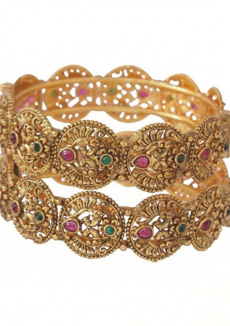 Set of 2 Gold-Plated Temple Stone Studded & Beaded Bangles for Women | Traditional Temple Jewellery for Wedding & Festive Wear | Gift for Her - Indya