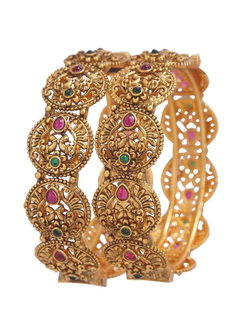 Set of 2 Gold-Plated Temple Stone Studded & Beaded Bangles for Women | Traditional Temple Jewellery for Wedding & Festive Wear | Gift for Her - Indya