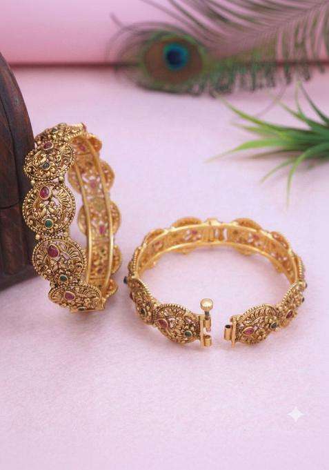 Set of 2 Gold-Plated Temple Stone Studded & Beaded Bangles for Women | Traditional Temple Jewellery for Wedding & Festive Wear | Gift for Her