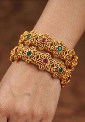 Set of 2 Gold-Plated Temple Stone Studded & Beaded Bangles for Women | Traditional Temple Jewellery for Wedding & Festive Wear | Gift for Her