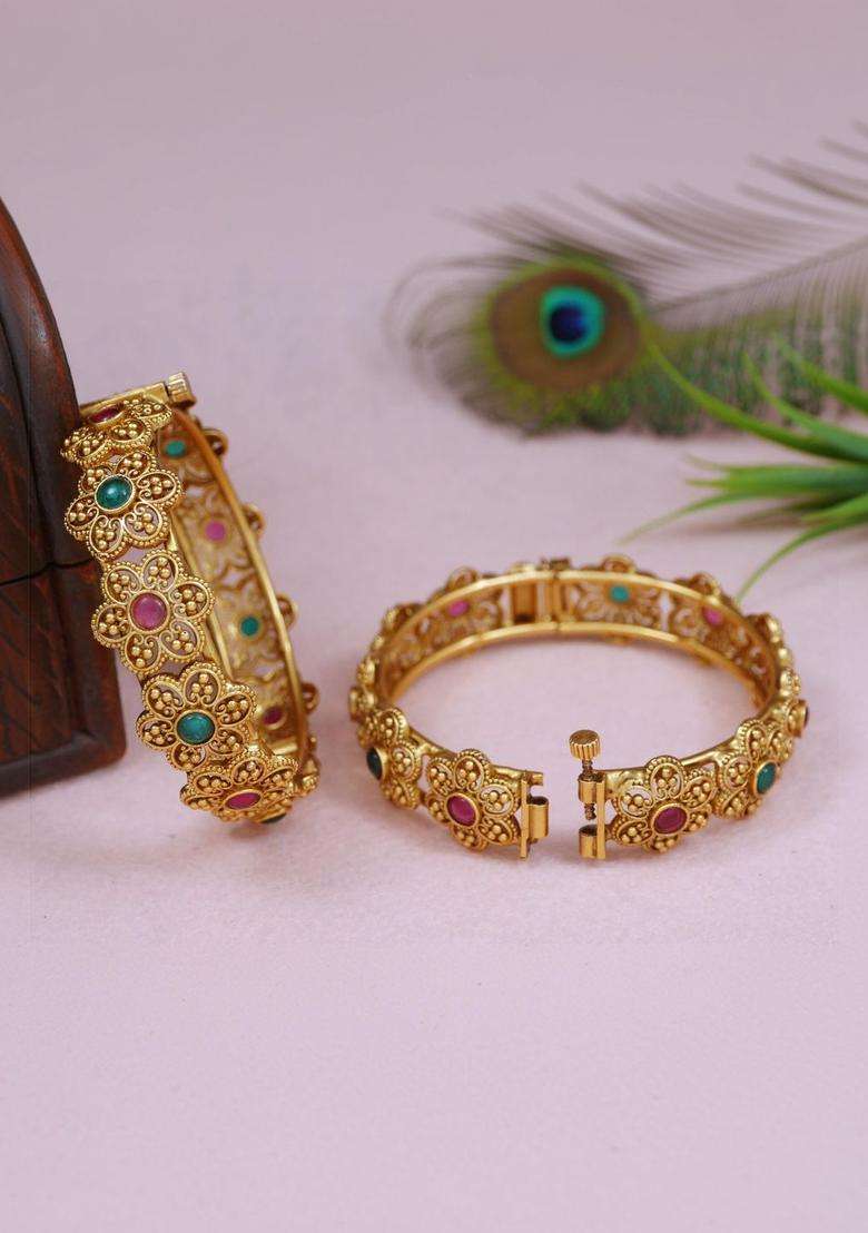 Set of 2 Gold-Plated Temple Stone Studded & Beaded Bangles for Women | Traditional Temple Jewellery for Wedding & Festive Wear | Gift for Her - Indya
