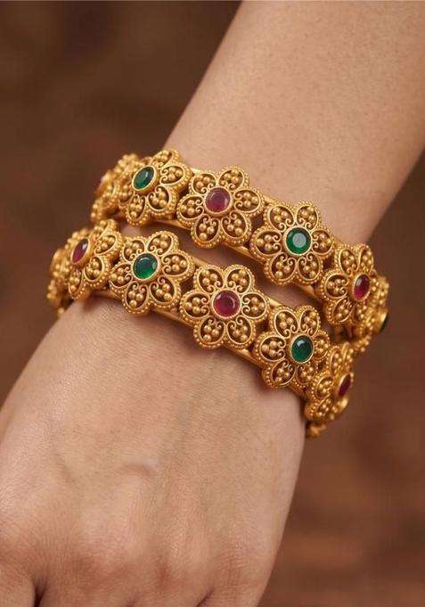 Set of 2 Gold-Plated Temple Stone Studded & Beaded Bangles for Women | Traditional Temple Jewellery for Wedding & Festive Wear | Gift for Her