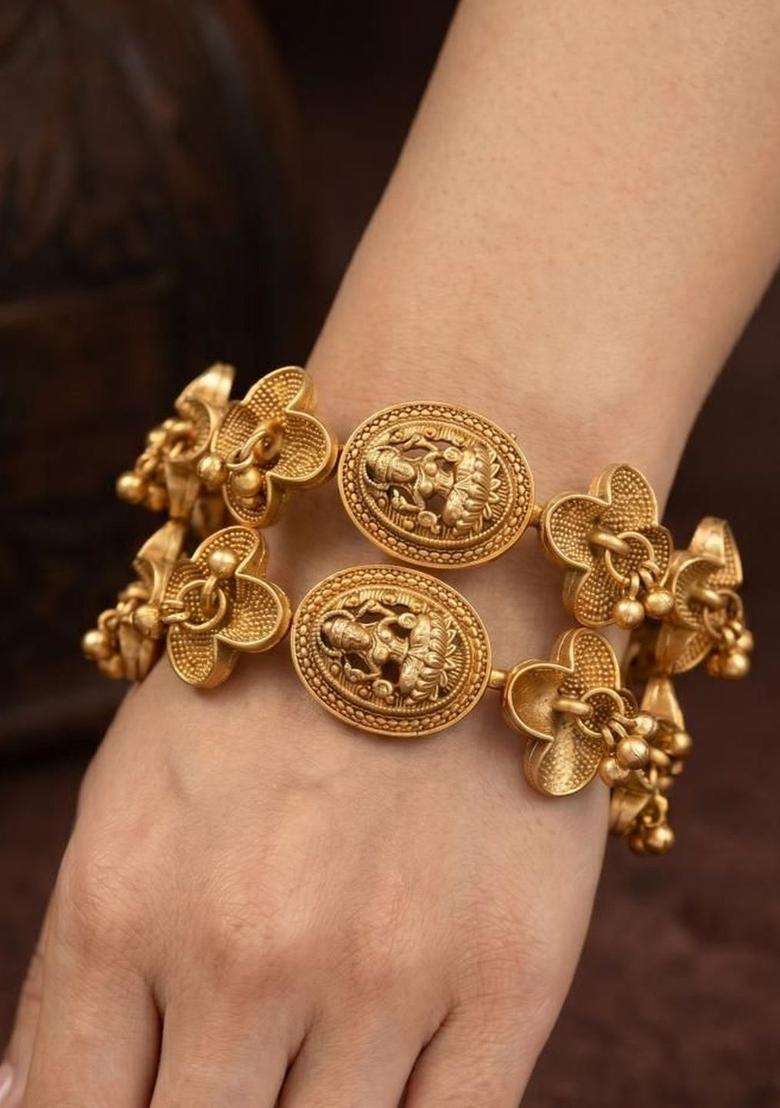 Set of 2 Gold-Plated Temple Stone Studded & Beaded Bangles for Women | Traditional Temple Jewellery for Wedding & Festive Wear | Gift for Her - Indya