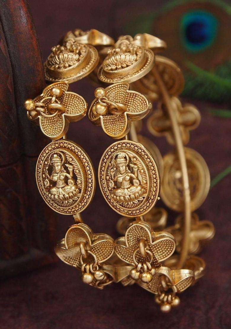 Set of 2 Gold-Plated Temple Stone Studded & Beaded Bangles for Women | Traditional Temple Jewellery for Wedding & Festive Wear | Gift for Her - Indya
