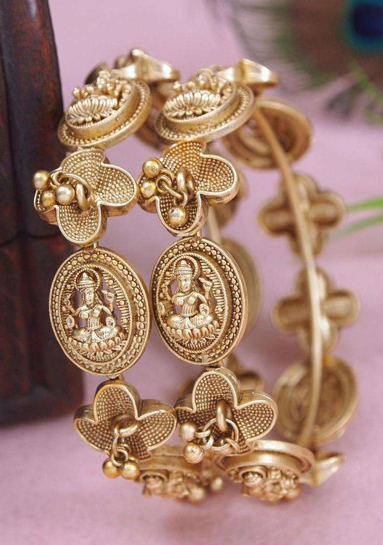 Set of 2 Gold-Plated Temple Stone Studded & Beaded Bangles for Women | Traditional Temple Jewellery for Wedding & Festive Wear | Gift for Her - Indya