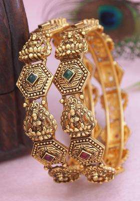 Set of 2 Gold-Plated Artificial Stones Studded Temple Bangles for Women | Traditional Temple Jewellery for Wedding & Festive Wear | Gift for Her
