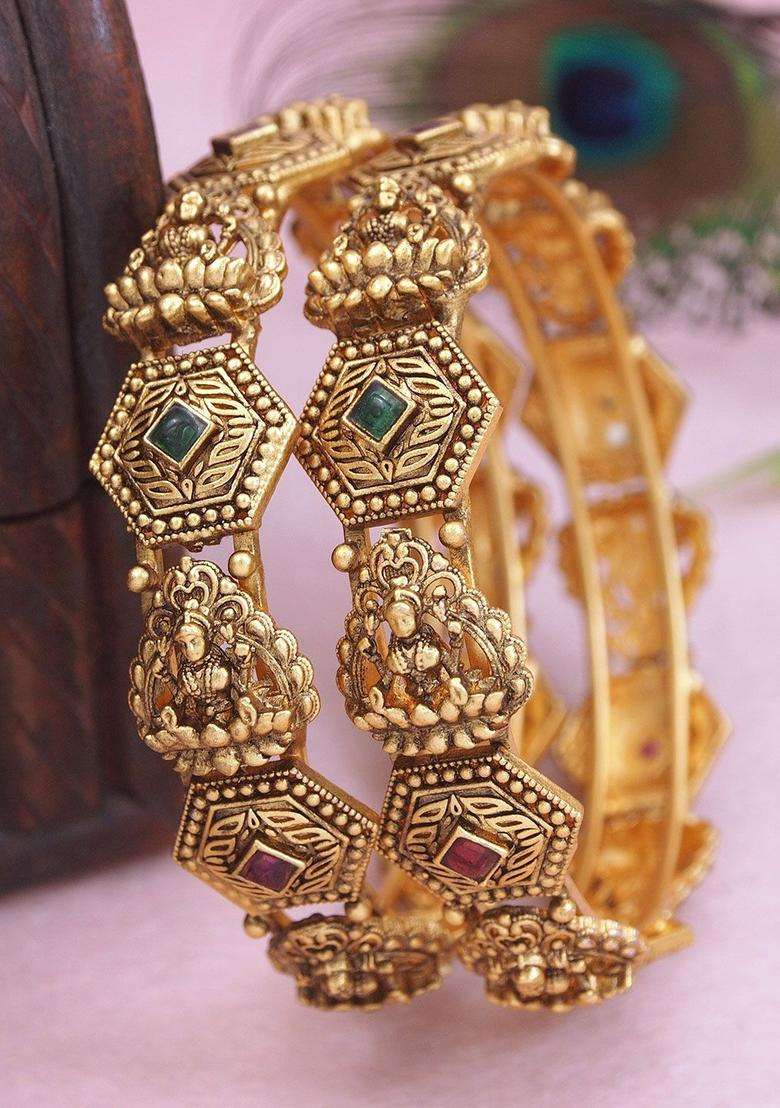 Set of 2 Gold-Plated Artificial Stones Studded Temple Bangles for Women | Traditional Temple Jewellery for Wedding & Festive Wear | Gift for Her - Indya