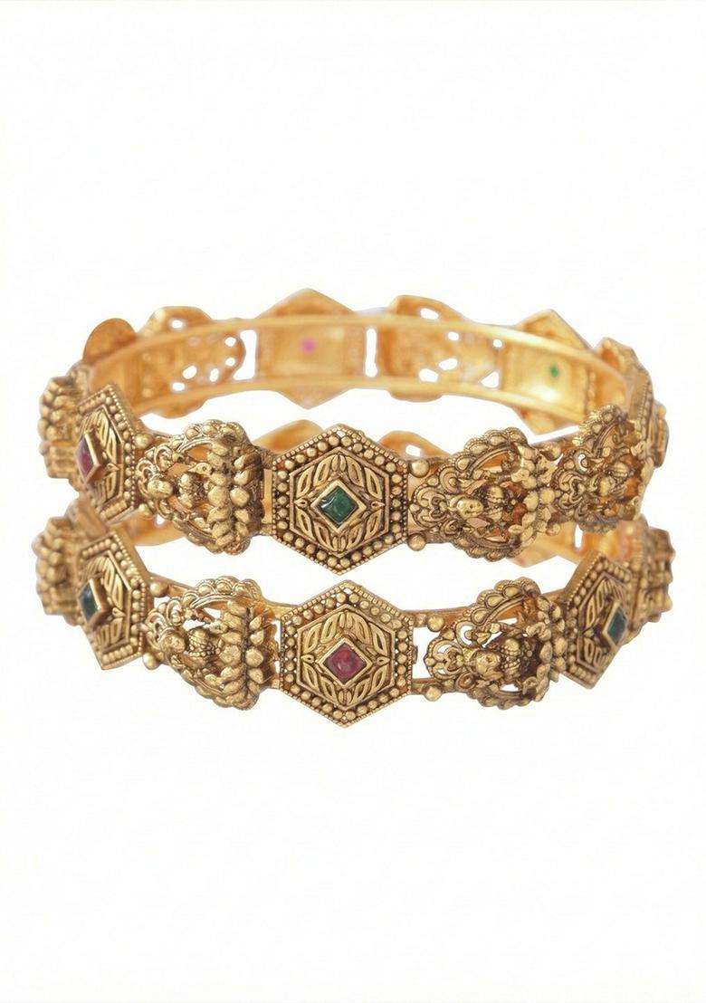 Set of 2 Gold-Plated Artificial Stones Studded Temple Bangles for Women | Traditional Temple Jewellery for Wedding & Festive Wear | Gift for Her - Indya