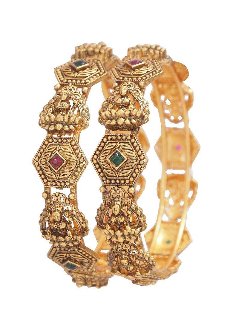 Set of 2 Gold-Plated Artificial Stones Studded Temple Bangles for Women | Traditional Temple Jewellery for Wedding & Festive Wear | Gift for Her - Indya