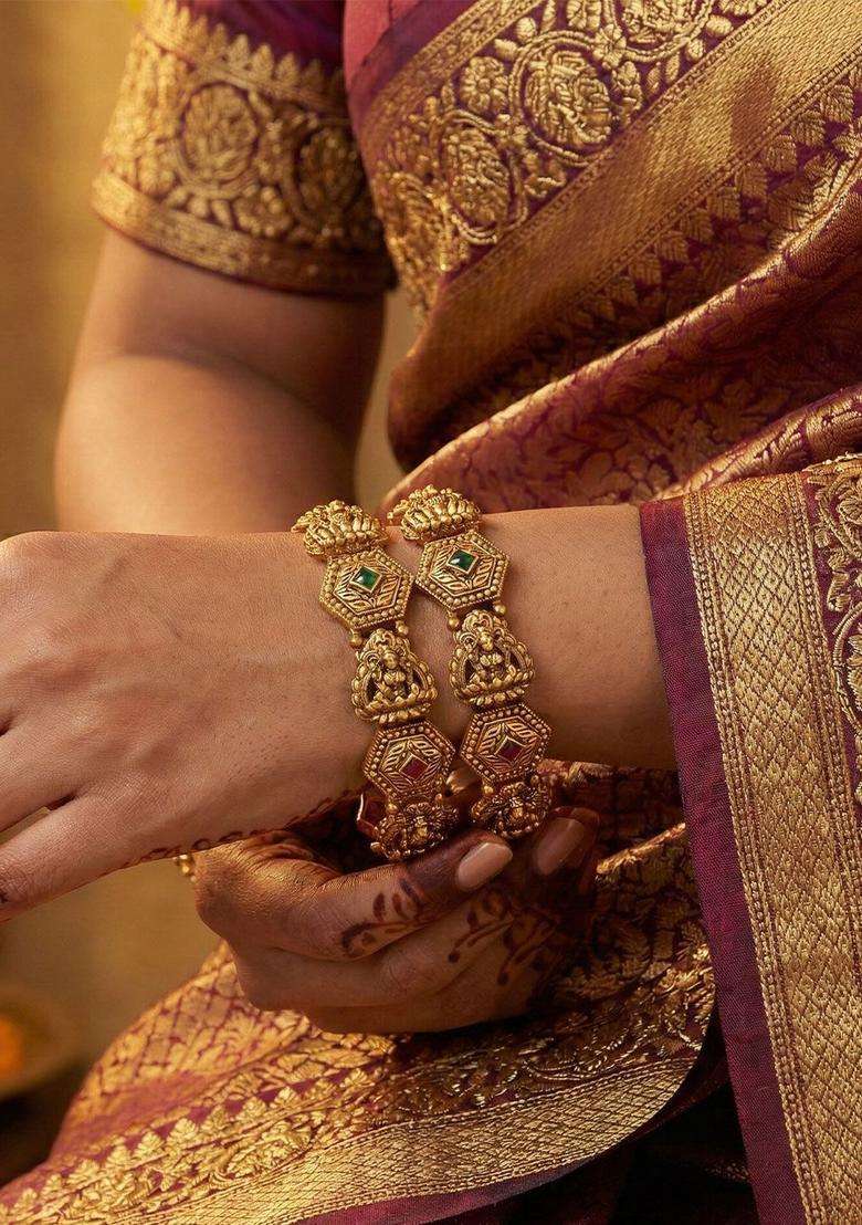 Set of 2 Gold-Plated Artificial Stones Studded Temple Bangles for Women | Traditional Temple Jewellery for Wedding & Festive Wear | Gift for Her - Indya