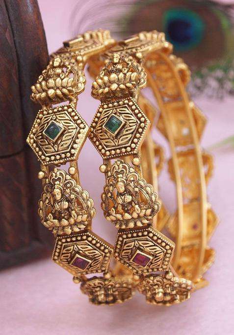 Set of 2 Gold-Plated Artificial Stones Studded Temple Bangles for Women | Traditional Temple Jewellery for Wedding & Festive Wear | Gift for Her