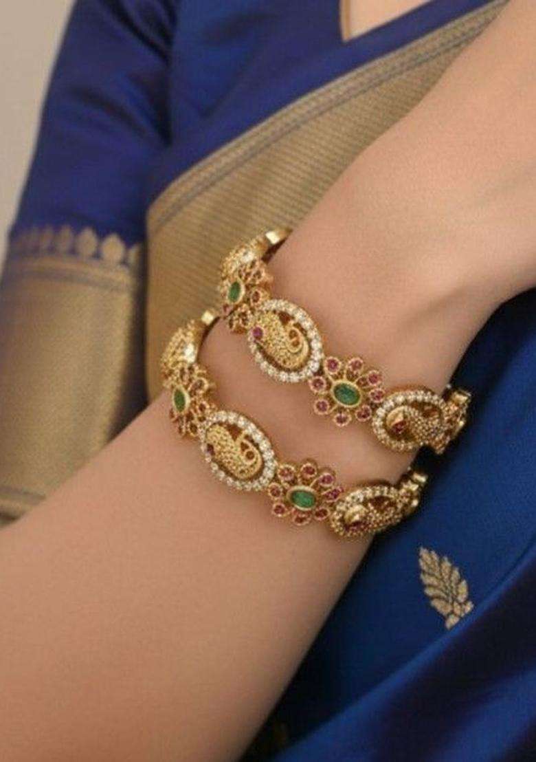 Set of 2 Gold-Plated Temple Stone Studded & Beaded Bangles for Women | Traditional Temple Jewellery for Wedding & Festive Wear | Gift for Her - Indya