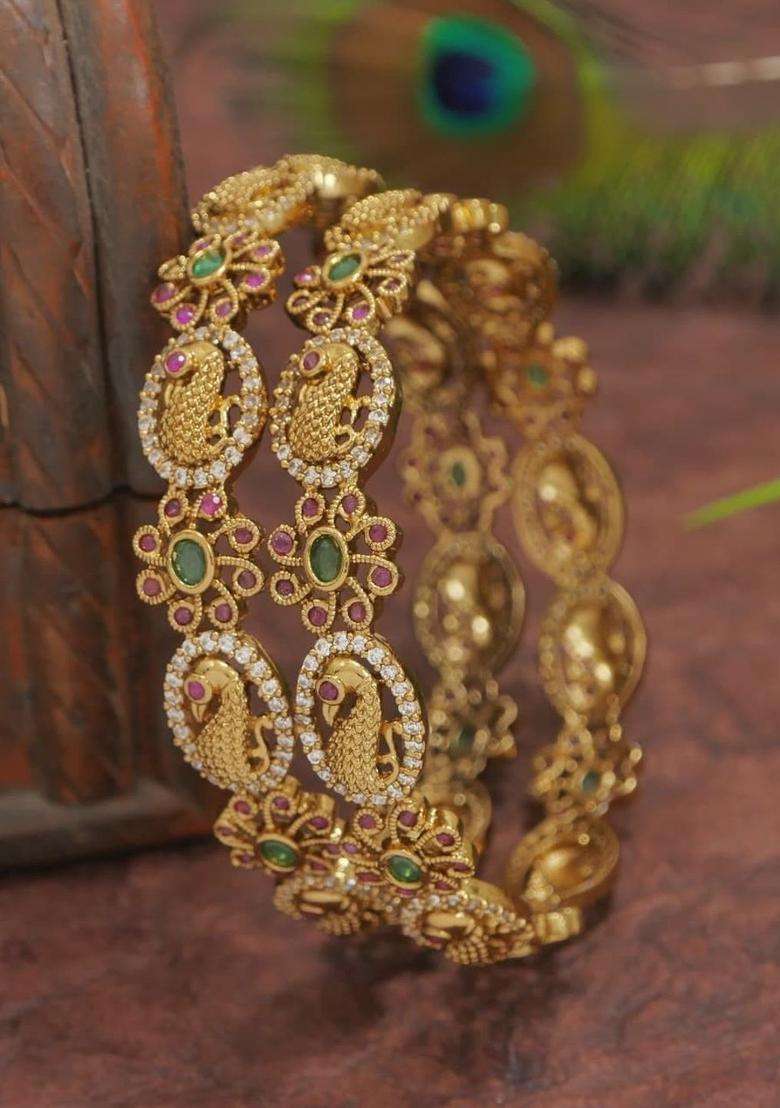 Set of 2 Gold-Plated Temple Stone Studded & Beaded Bangles for Women | Traditional Temple Jewellery for Wedding & Festive Wear | Gift for Her - Indya
