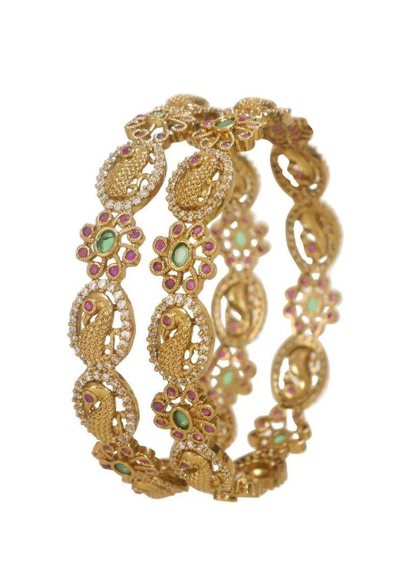 Set of 2 Gold-Plated Temple Stone Studded & Beaded Bangles for Women | Traditional Temple Jewellery for Wedding & Festive Wear | Gift for Her - Indya