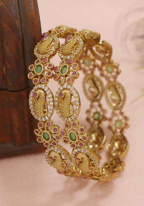 Set of 2 Gold-Plated Temple Stone Studded & Beaded Bangles for Women | Traditional Temple Jewellery for Wedding & Festive Wear | Gift for Her