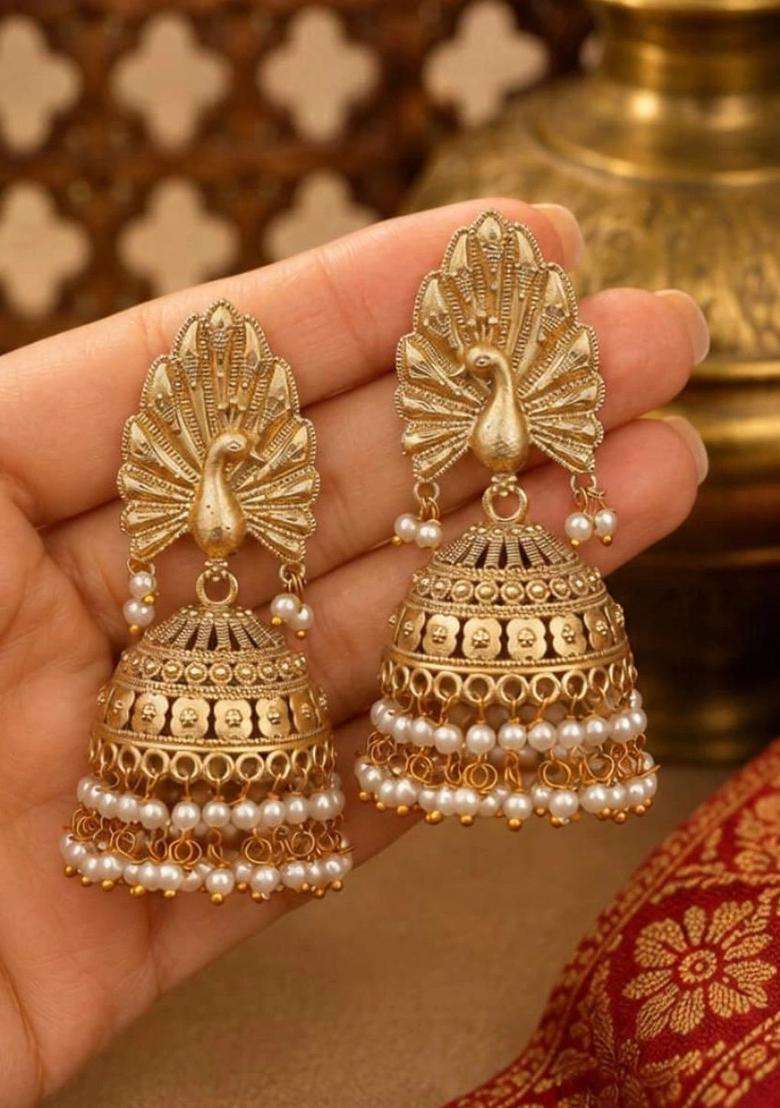 Gold-Plated Peacock Shaped Jhumkas Earrings for Women | Traditional Temple Jewellery for Wedding & Festive Wear | Gift for Her - Indya