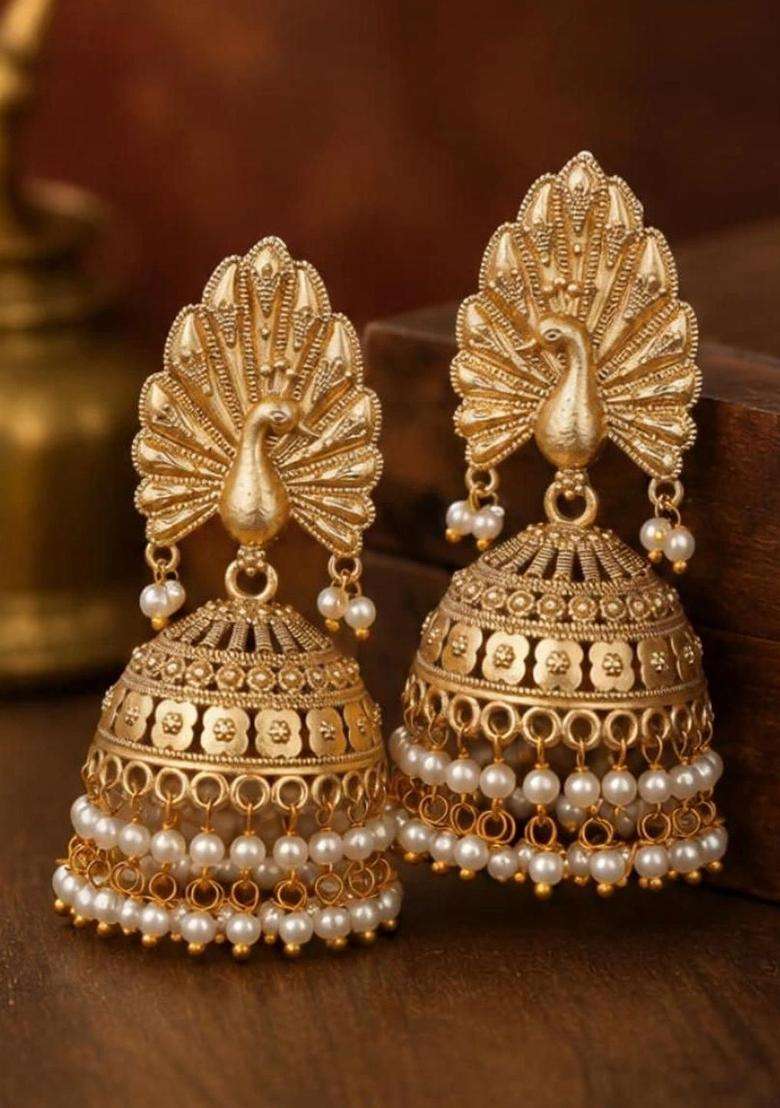 Gold-Plated Peacock Shaped Jhumkas Earrings for Women | Traditional Temple Jewellery for Wedding & Festive Wear | Gift for Her - Indya