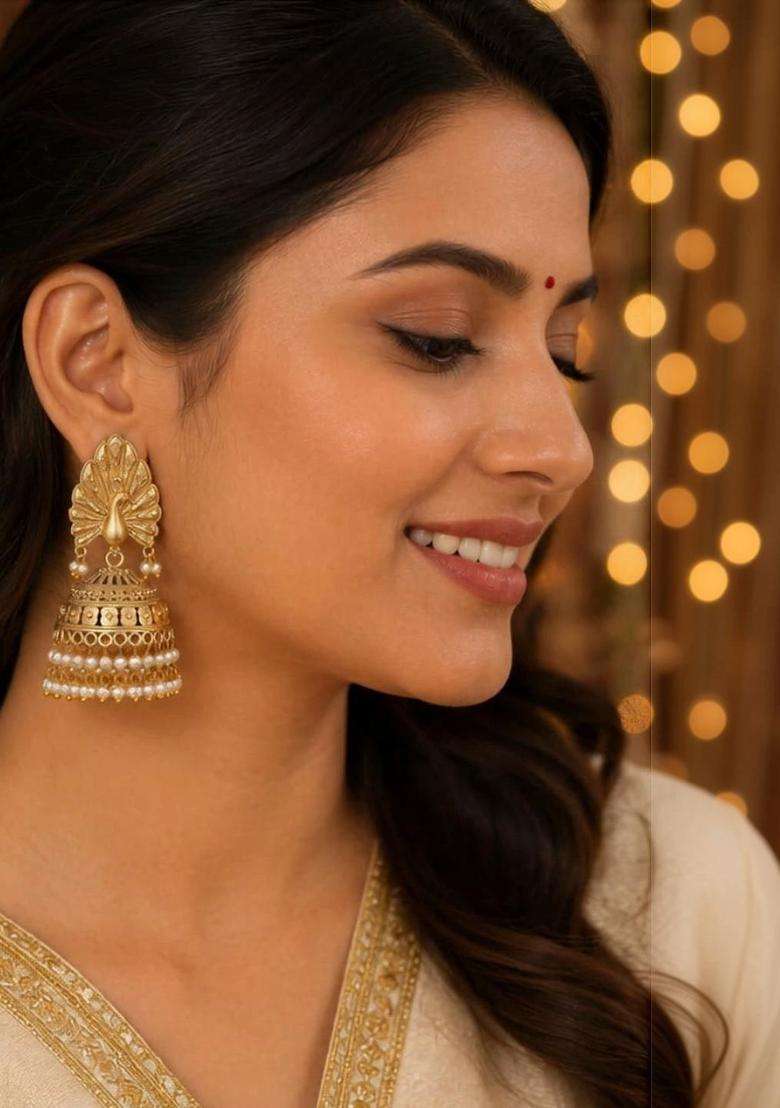 Gold-Plated Peacock Shaped Jhumkas Earrings for Women | Traditional Temple Jewellery for Wedding & Festive Wear | Gift for Her - Indya