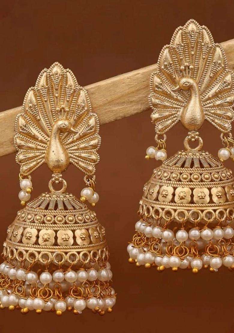 Gold-Plated Peacock Shaped Jhumkas Earrings for Women | Traditional Temple Jewellery for Wedding & Festive Wear | Gift for Her - Indya