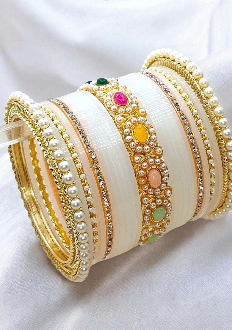 Gold-Plated White Bridal Chuda Set for Women | Traditional Temple Jewellery for Wedding & Festive Wear | Gift for Her - Indya