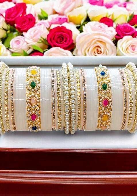 Gold-Plated White Bridal Chuda Set for Women | Traditional Temple Jewellery for Wedding & Festive Wear | Gift for Her
