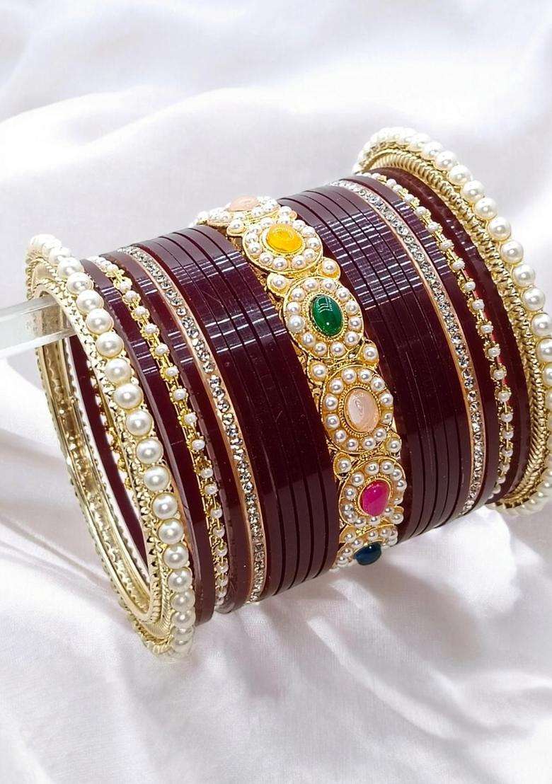 Gold-Plated Maroon Bridal Chuda Set for Women | Traditional Temple Jewellery for Wedding & Festive Wear | Gift for Her - Indya