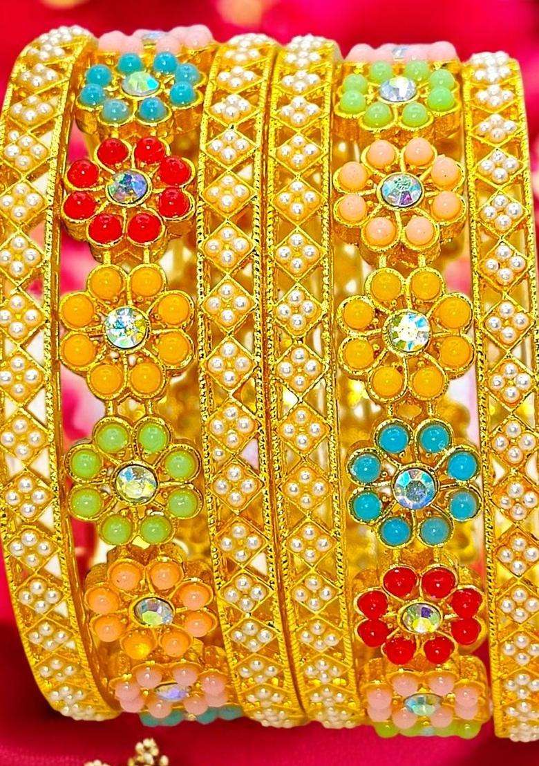 Pack of 6 Gold Kada Set for Women | Traditional Temple Jewellery for Wedding & Festive Wear | Gift for Her - Indya