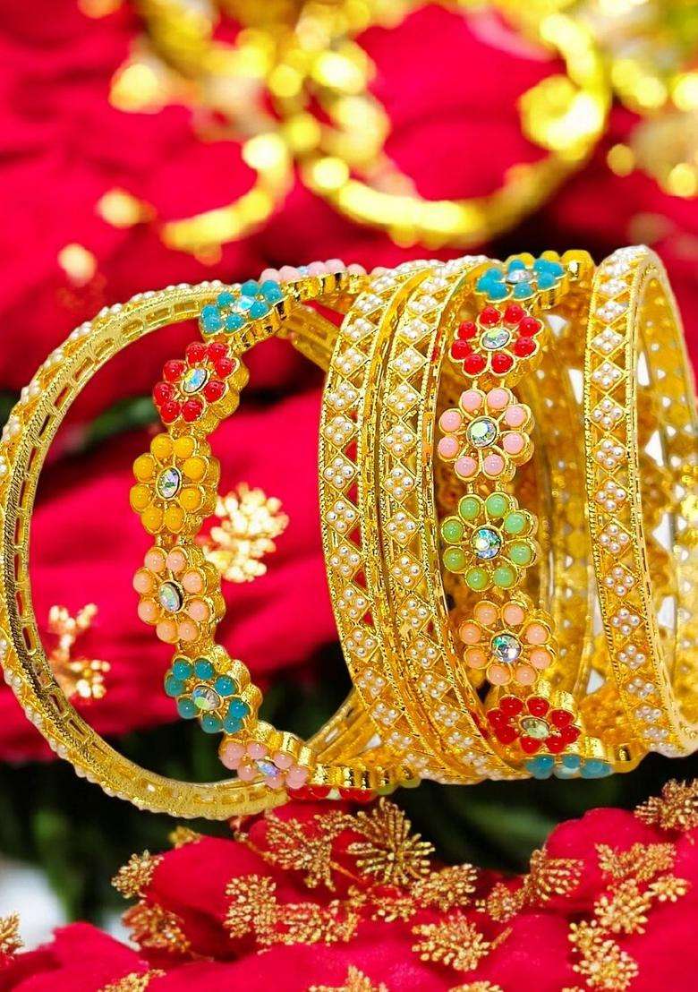 Pack of 6 Gold Kada Set for Women | Traditional Temple Jewellery for Wedding & Festive Wear | Gift for Her - Indya