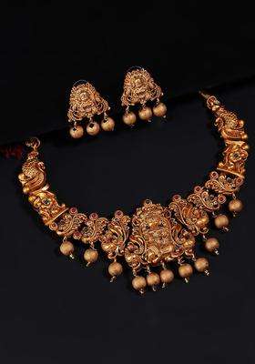 Gold-Plated Red & Green Stone-Studded Beaded Temple Jewellery Set for Women | Traditional Temple Jewellery for Wedding & Festive Wear | Gift for Her