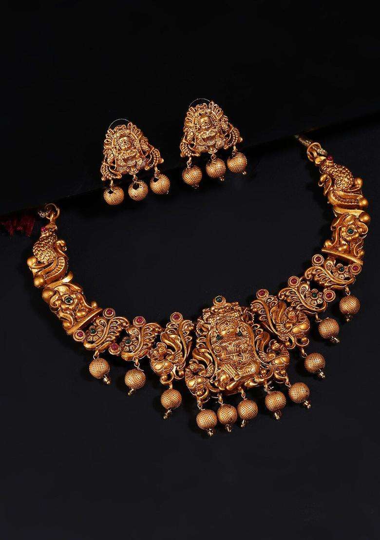 Gold-Plated Red & Green Stone-Studded Beaded Temple Jewellery Set for Women | Traditional Temple Jewellery for Wedding & Festive Wear | Gift for Her - Indya