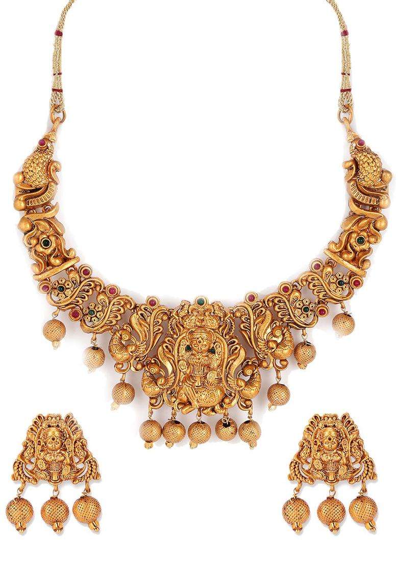 Gold-Plated Red & Green Stone-Studded Beaded Temple Jewellery Set for Women | Traditional Temple Jewellery for Wedding & Festive Wear | Gift for Her - Indya