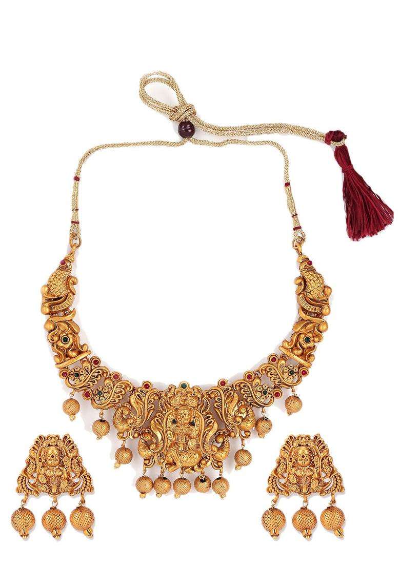 Gold-Plated Red & Green Stone-Studded Beaded Temple Jewellery Set for Women | Traditional Temple Jewellery for Wedding & Festive Wear | Gift for Her - Indya